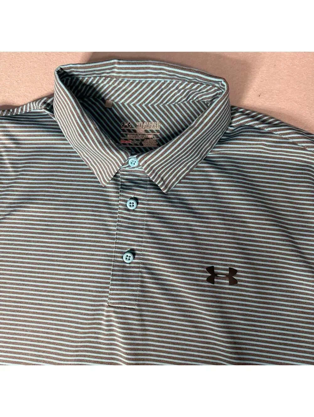 Under Armour Polo Shirt Mens 2XL XXL Green Striped Short‎ Sleeve Heat Gear Loose